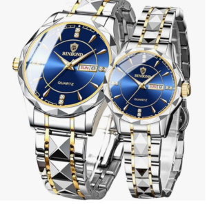 Valentines Couple Pair Watches Men and Women Luminous Calendar Waterproof Gold Silver Stainless Steel Quartz Watch Blue Face his and Hers Watches Set Lovers Set of 2